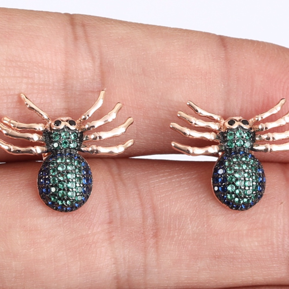 STUNNING SPIDER ROSE GOLD EARRINGS 925  SAPHIRE EMERALD